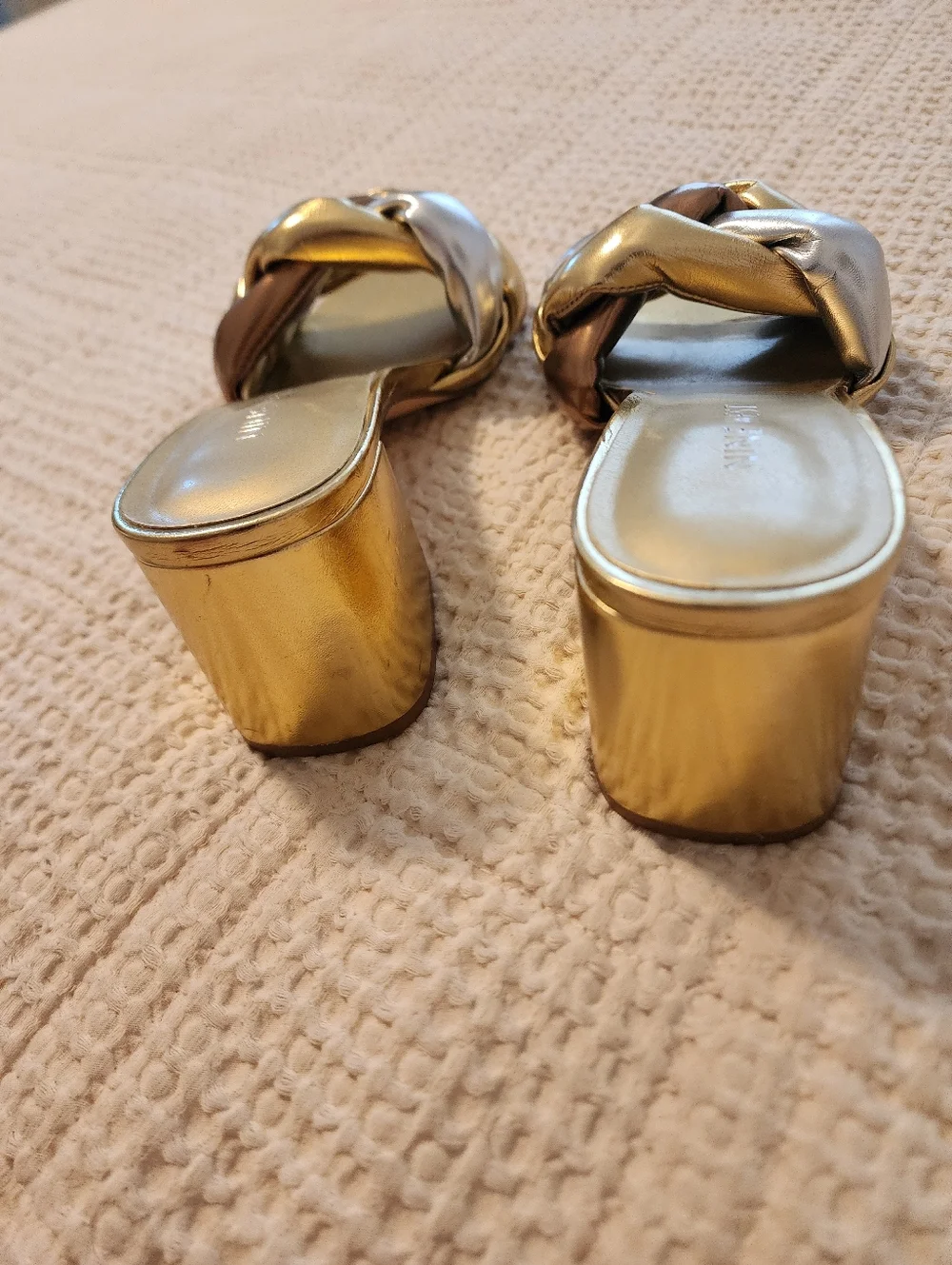 Nine West Sz 8.5 Metallic Gold, Silver & Bronze Braided Block Heel Sandal Slides